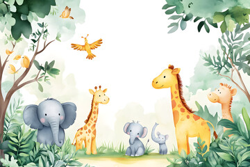 Cute cartoon safari zoo with animal frame border on background in watercolor style.