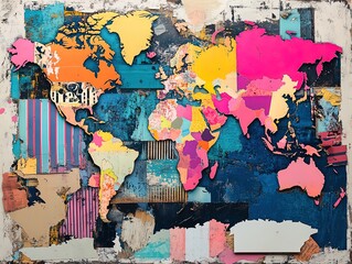 Naklejka premium Vibrant Eclectic Globe Art: A Layered, Colorful Representation of Continents Perfect for Sporty Interior Posters and Dynamic Wall Decor