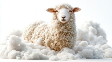 A fluffy sheep sits amongst a pile of soft white cotton