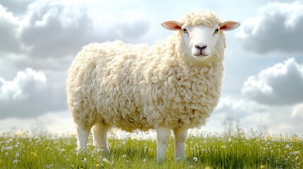 Obraz premium A sheep stands in a field of wildflowers gazing into the distance