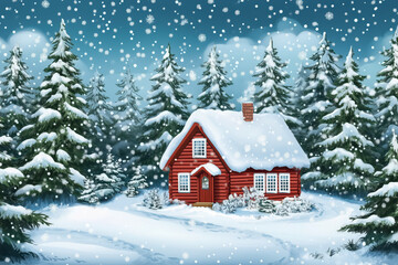 Serene snowy landscape with pine trees laden with snow and a cozy cabin nestled among them