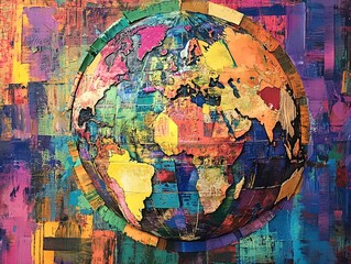 Obraz premium Vibrant Eclectic Globe Art: A Layered, Colorful Representation of Continents Perfect for Sporty Interior Posters and Dynamic Wall Decor
