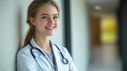 Beautiful Caucasian Female Doctor Standing in hospital Corridor, wearing White Coat and...