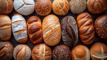 A beautiful array of assorted varieties of Freshly Baked Breads displayed on a Wooden Surface