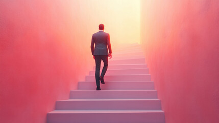 A businessman climbing a 3D staircase made of floating graphs, symbolizing growth and progress, dynamic lighting
