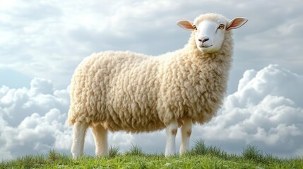 Fototapeta premium A fluffy white sheep stands in a grassy field with a cloudy sky behind it