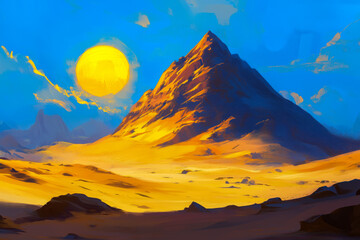 Desert landscape with the sun rising behind a towering sand dune, casting long shadows across the barren landscape