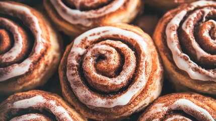 Fototapeta premium Freshly baked cinnamon rolls with icing on top in a close-up view.