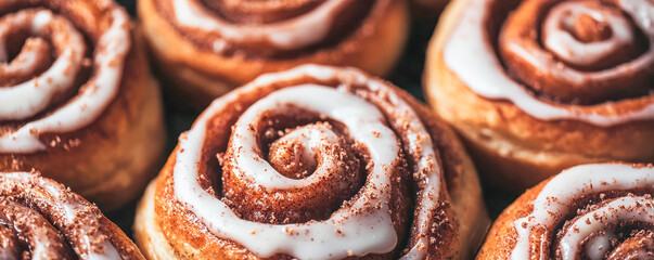 Fototapeta premium Freshly baked cinnamon rolls with icing on top in a close-up view.