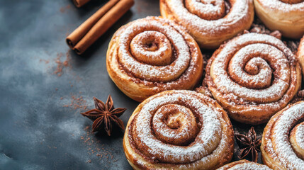 Cinnamon rolls dusted with powdered sugar surrounded by cinnamon sticks and star anise
