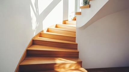 Naklejka premium Wooden staircase, modern design with sunlight, spiral shape, minimalistic style, architectural concept, showroom website