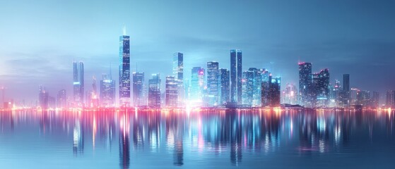 Fototapeta premium A vibrant city skyline illuminated at night, reflecting on calm water.