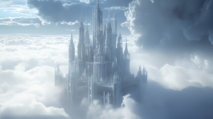 Fototapeta premium Enchanted Castle in the Clouds: Mythical fortress surrounded by ethereal light and wonderous atmosphere