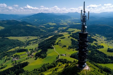 A rural telecommunication tower surrounded by farmland, representing enhanced connectivity and internet access for rural communities