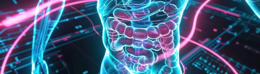 Obraz premium Sci-fi x-ray of intestines with AI-driven holographic diagnostic tools, glowing with electric blue and pink lines, Digital Art, Futurism