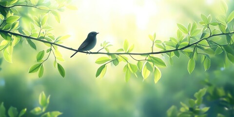 Obraz premium A small bird perched on the edge of an oak tree branch, surrounded by lush green leaves and bathed in soft sunlight filtering through the dense foliage.