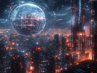 Fototapeta premium Illuminate Your Space: A Stunning Skyline and Globe Design Perfect for Sports Interiors, Highlighting Global Interactions and Technological Integration