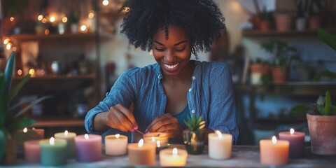 Young African American woman artisan making candles in a cozy studio, ideal for promoting small businesses, handmade crafts, and DIY candle-making workshops with a warm, creative atmosphere