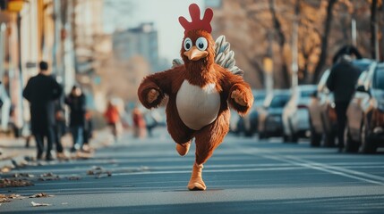 Runner dressed in a turkey costume participating in a fun Thanksgiving race, perfect for holiday promotions, festive events, and family-friendly sports content