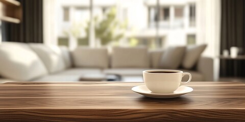 Steaming coffee cup on wooden table in a bright kitchen with soft natural light, perfect for coffee promotions, cozy home scenes, and lifestyle photography focused on morning rituals