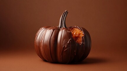 Chocolate pumpkin with a bite taken out, revealing gooey filling, perfect for Halloween candy promotions, fall dessert photography, and autumn-themed sweet treats
