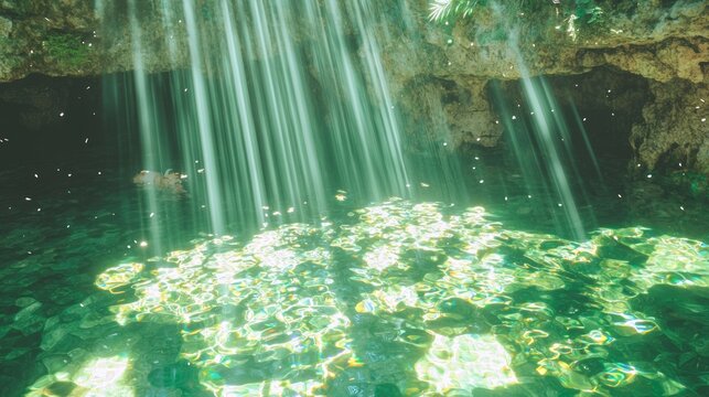 Enchanted Waterfall Oasis: Mystical Creatures Playing in Sunlit Pool