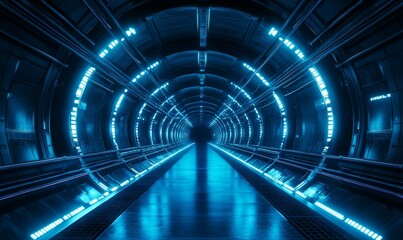 A dark tunnel environment illuminated by laser lights, featuring metal panels, and futuristic neon lighting in a 360-degree panoramic view, depicting a cyber hangar with glowing blue, Generative AI
