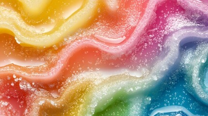 Obraz premium an abstract artwork featuring a vibrant swirl of colors. It includes shades of yellow, orange, red, pink, purple, green, and blue. The colors blend into each other in a wavy pattern, creating a sense 