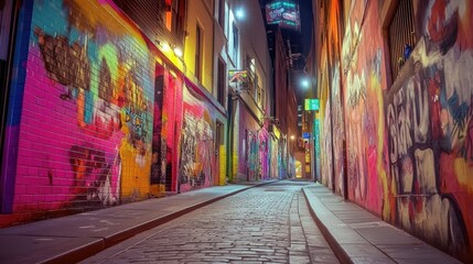 Fototapeta premium Colorful Street Art in Urban Alley at Night