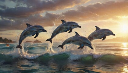 Obraz premium A playful pod of dolphins leaping gracefully through the sparkling ocean waves, embodying the joy and freedom of marine life in a vibrant underwater scene, Generative AI