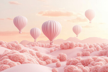 Colorful hot air balloons floating over a valley at sunrise, a scene of wonder and exploration, soft pastel tones