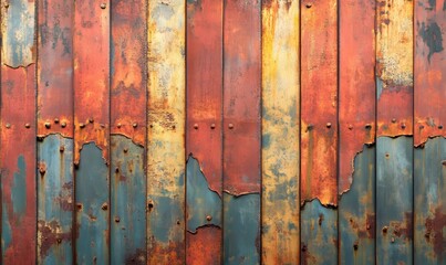 Artistic representation of an old and rusty zinc sheet wall, capturing the vintage style and corrosion pattern of metal in a retro concept, Generative AI