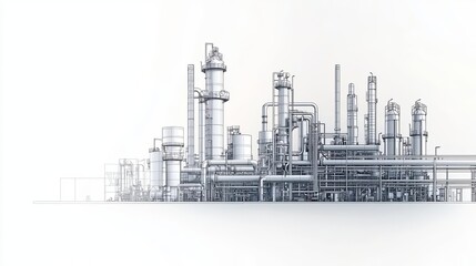 Fototapeta premium Detailed line art of industrial oil refinery, intricate pipelines and tall structures, minimalist background