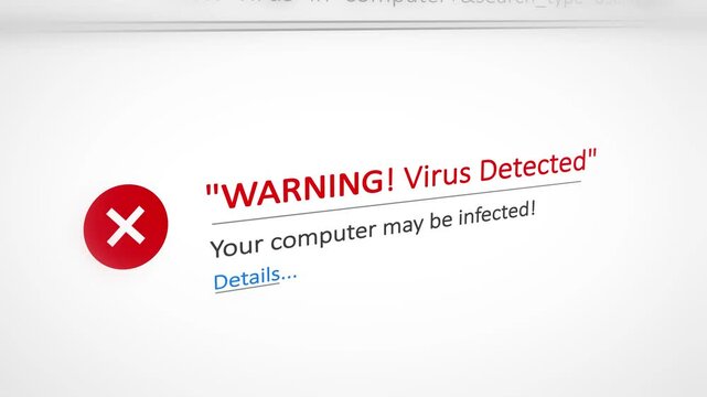 Warning! Virus Detected. Message text on Computer Screen Animation in 3d Perspective. Software Danger and security concept.