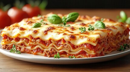 A golden brown lasagna with layers of pasta meat sauce and cheese
