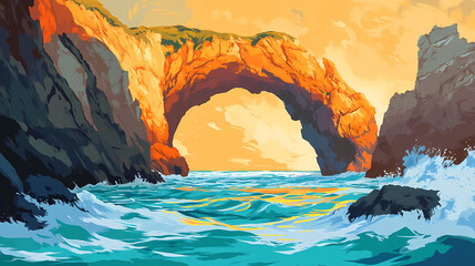 Warm orange hues illuminate rugged coastline at punta leona, with dramatic sea cave archway emerging from turquoise ocean waves. Rugged Coastline. Illustration