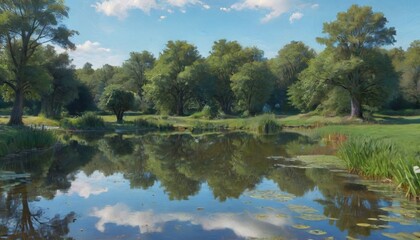 Obraz premium A tranquil farm pond reflecting the blue sky and surrounding trees, creating a peaceful oasis in the heart of the countryside, Generative AI