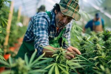 Fototapeta premium A man is tending to a field of marijuana plants
