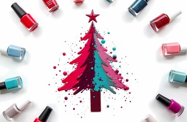 Obraz premium beauty salon banner with christmas tree made of spilled nail polish stains in the center of the image, many colorful nail polish bottles scattered on white background