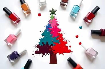 Obraz premium greeting card for beauty salon with christmas tree made from stains from spilled nail polish in the center of the image, many colorful bottles of nail polish scattered on white background