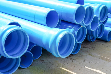 Stack of large blue water pipes, PVC nylon water pipes unpacked used on the construction site for...