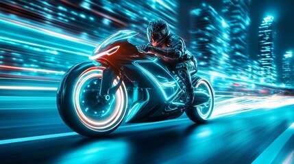 Futuristic motorcycle rider speeding through a city at night with blue neon lights.