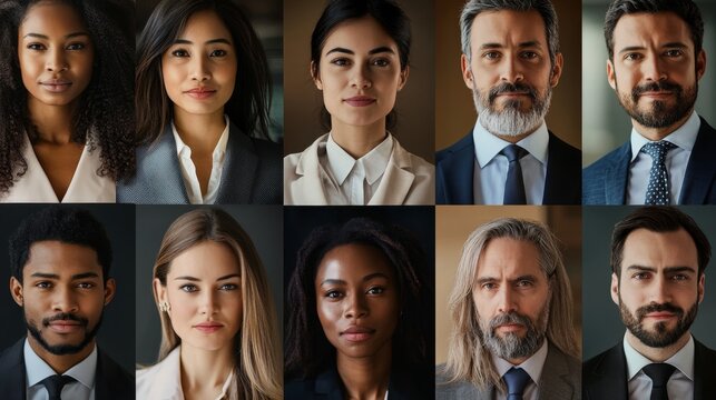 Collage of diverse business people in formal attire, each face representing different roles and office activities - Powered by Adobe