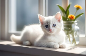 An adorable white kitten with striking blue eyes lounging on a windowsill.