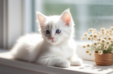 An adorable white kitten with striking blue eyes lounging on a windowsill.