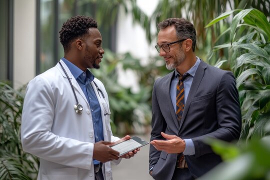 Pharmaceutical sales representative talking with doctors in medical building, presenting new product on tablet, Generative AI