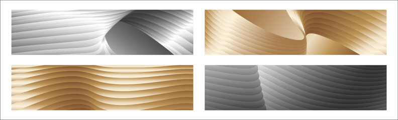 Wavy silver and gold parallel gradient lines, ribbons, silk. Set of 4 backgrounds. Black and white with shades of gray or golden silk. Banner, poster. eps vector