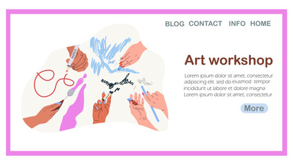 Landing page art workshop, hand drawn vector illustration.