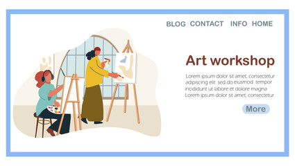 Landing page art workshop, hand drawn vector illustration.