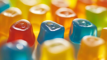 a close-up view of colorful gummy candies. These candies are shaped like small, rounded blocks and come in various bright colors, including red, blue, yellow, and orange.